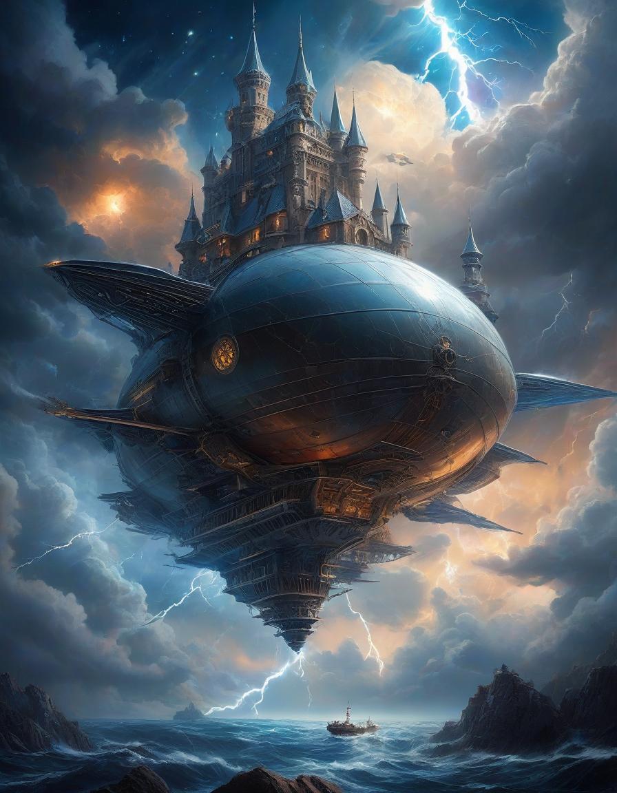  space themed a ((flying)) steampunk ship, view from below, a gothic castle is built on the deck, michael cheval style, surrealism, against the background of clouds and lightning, dramatic plot, fantasy, ultra detailed, weird geometrya flying steampunk ship, view from below, a gothic castle is built on the deck, wojtek sudmak style, surrealism, against the background of clouds and lightning, dramatic plot, fantasy, ultra detailed . cosmic, celestial, stars, galaxies, nebulas, planets, science fiction, highly detailed