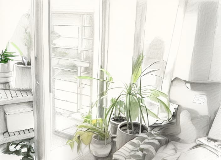  a hyper realistic pencil ,hand drawn professional pencil sketch of a bunch of potted plants are sitting in front of a window . , bw, masterpiece, sketch, best quality, sketch, grain