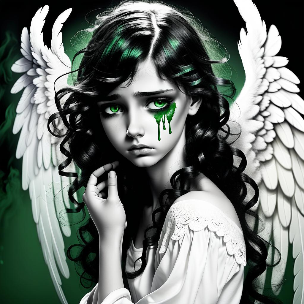  1) a very sad angel in tears, 2) one wing white, the other black, open (3) curly black and white hair, the right half of the hair on the head is white, the left half of the hair on the head is black. 4) angel takes off (5) black and white art 6) green eyes remaining black and white (7) in wounds