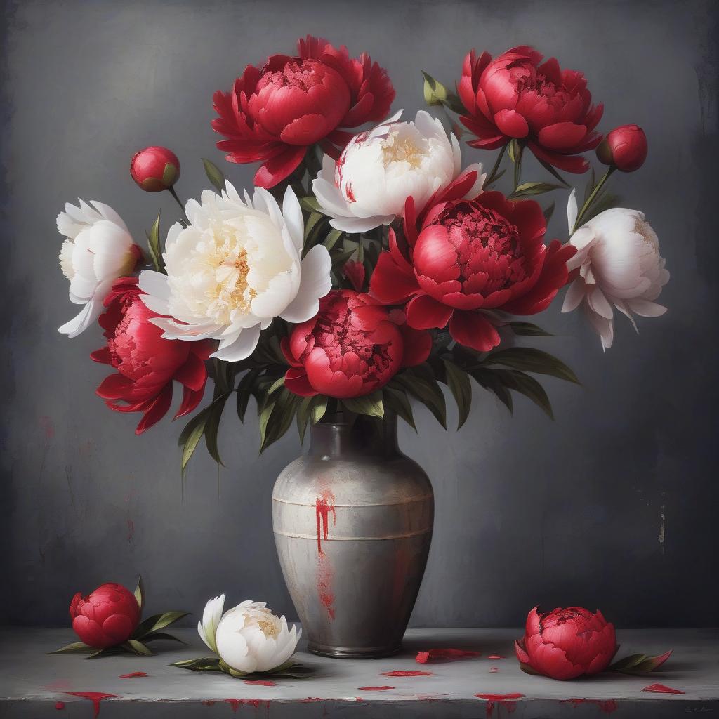  grunge style red and white, by c f. white peonies and red peonies in a vase on the table, dark grey wall. still life, oil on canvas. . textured, distressed, vintage, edgy, punk rock vibe, dirty, noisy