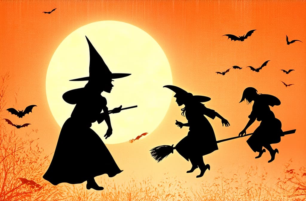  flat illustration, flaticon, (illustration:1.15), silhouettes of witches on a broomstick black on an orange background many, background for halloween ar 3:2, [cory loftis, strobist, pascal campion :: 0.2]