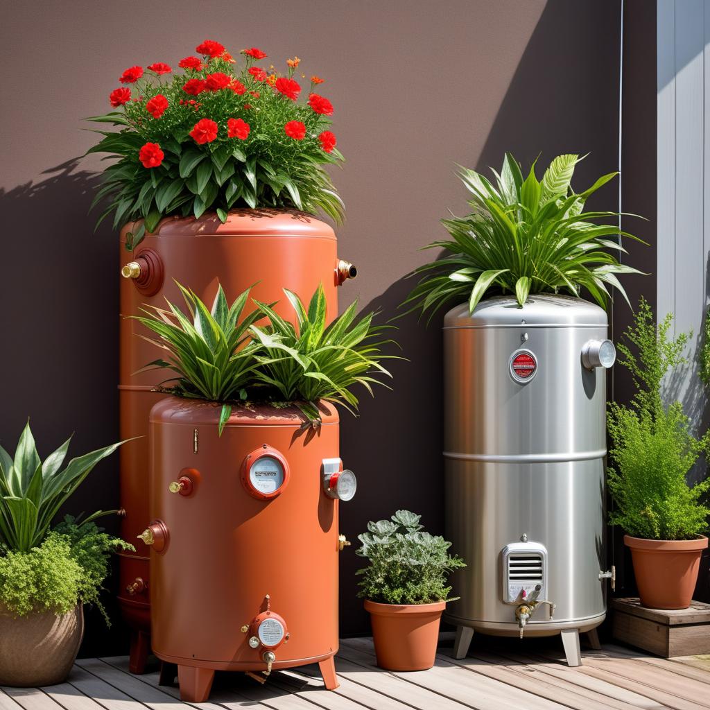  A variety of creative water heater planter designs, showcasing old water heaters repurposed into beautiful garden planters. The images should include different styles such as rustic, modern, and artistic, with various plants and flowers growing from them. Include examples in different settings like backyards, patios, and garden spaces. hyperrealistic, full body, detailed clothing, highly detailed, cinematic lighting, stunningly beautiful, intricate, sharp focus, f/1. 8, 85mm, (centered image composition), (professionally color graded), ((bright soft diffused light)), volumetric fog, trending on instagram, trending on tumblr, HDR 4K, 8K