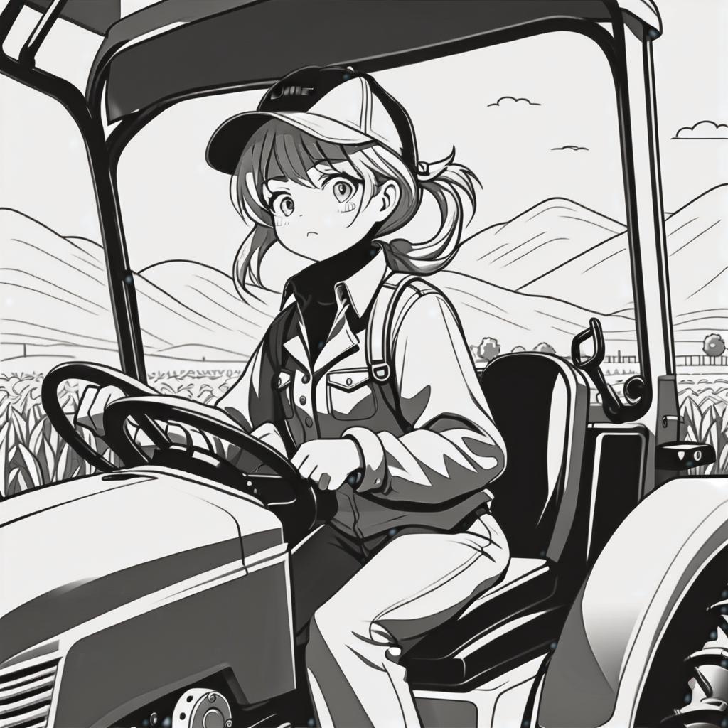  line art drawing farmer girl in tractor, same nightmare. anime style . professional, sleek, modern, minimalist, graphic, line art, vector graphics