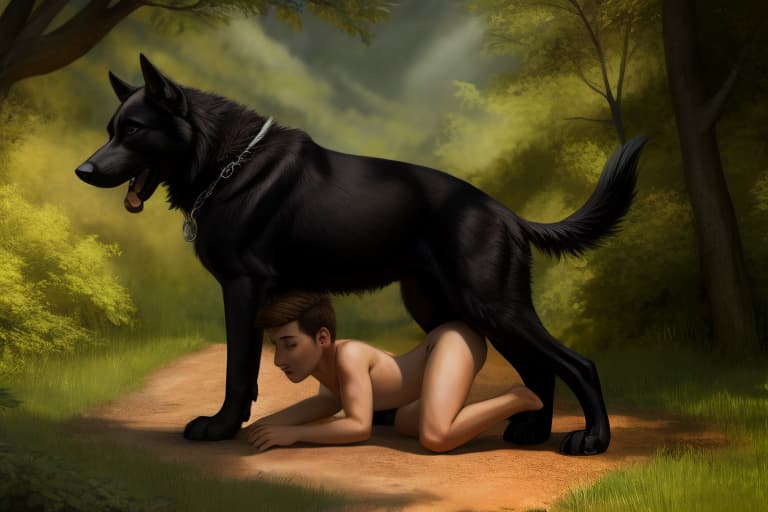   young small duo, human man with erect , on the gr, feral black dog ing man face while penetrating his , side view, open eyes, digital art, masterpiece, 4k, fine details,