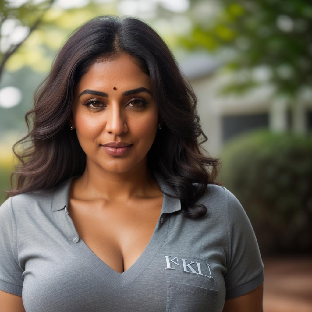  (((realistic full torso frontal head shot of a light brown to medium brown skin tone woman))), bhavna vera bhattacharya, ((indian heritage)), immature face, blue eye color, ((wavy hair style)), ((black hair color)), ((curvy body type)), big size, size, (immature broad rounded nose), (immature defined cheekbones), (immature soft jawline), (immature medium lips), (immature wide forehead), (immature natural eyebrows), (immature dimpled chin), standing straight looking directly into the camera,((wearing fitted polo shirt with deep v neck and monogrammed pocket)), backyard in background, 1, best quality, highest quality, award winning photo, masterpiece, raw, professional photography, photorealism, sharp focus, cinemat hyperrealistic, full body, detailed clothing, highly detailed, cinematic lighting, stunningly beautiful, intricate, sharp focus, f/1. 8, 85mm, (centered image composition), (professionally color graded), ((bright soft diffused light)), volumetric fog, trending on instagram, trending on tumblr, HDR 4K, 8K