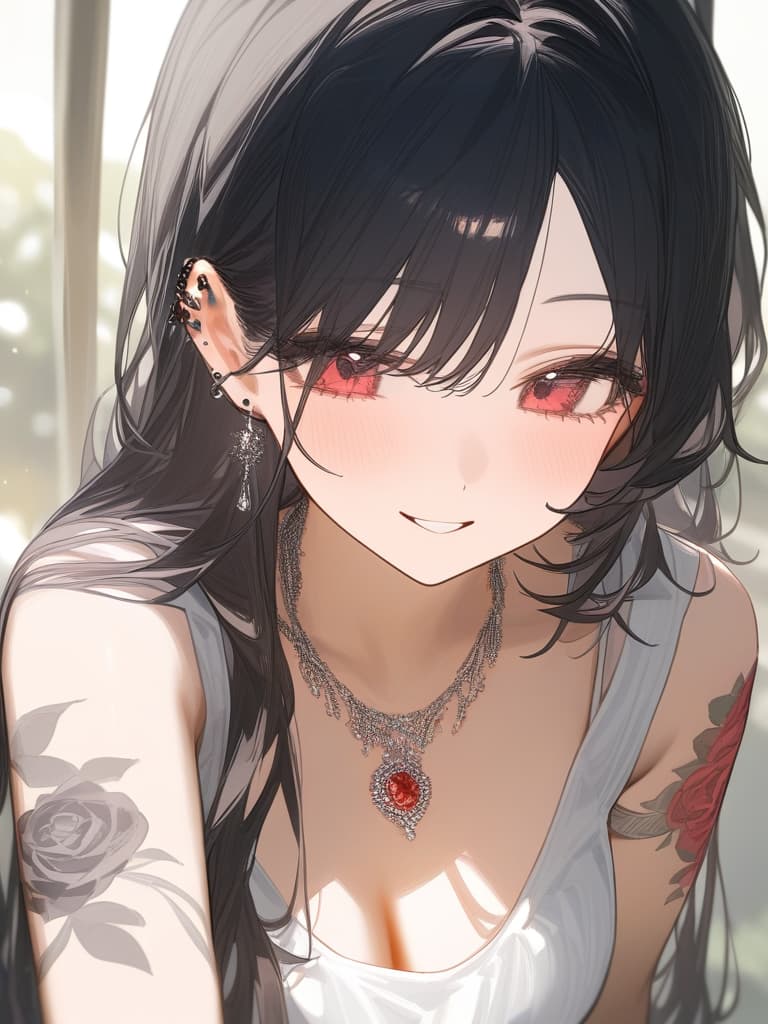  long hair, black hair, hair tips are pink, red eyes, hanging, bangs, and length of bangs, adults, adult faces, piercings, necklaces, hair are light pink and black, thin makeup on the arm. there is a rose tattoo, a rose tattoo on your arm, smiling, masterpiece, best quality,8k,ultra detailed,high resolution,an extremely delicate and beautiful,hyper detail