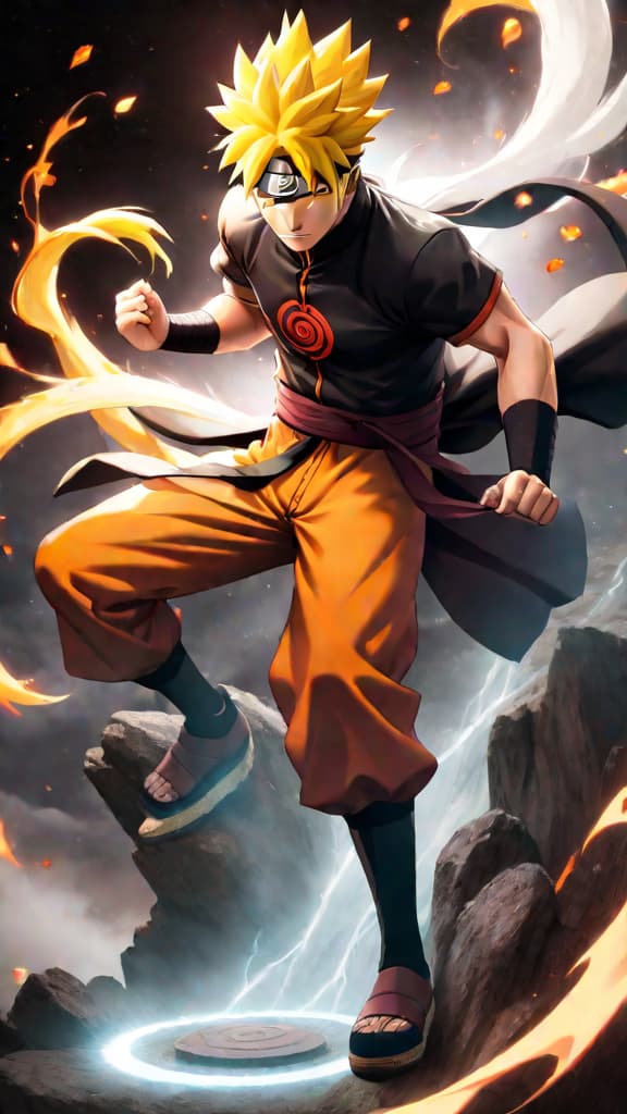  anime art: naruto uzumaki's fusion of kurama's chakra and sage mode unveils his infinite power. hyperrealistic, full body, detailed clothing, highly detailed, cinematic lighting, stunningly beautiful, intricate, sharp focus, f/1. 8, 85mm, (centered image composition), (professionally color graded), ((bright soft diffused light)), volumetric fog, trending on instagram, trending on tumblr, HDR 4K, 8K