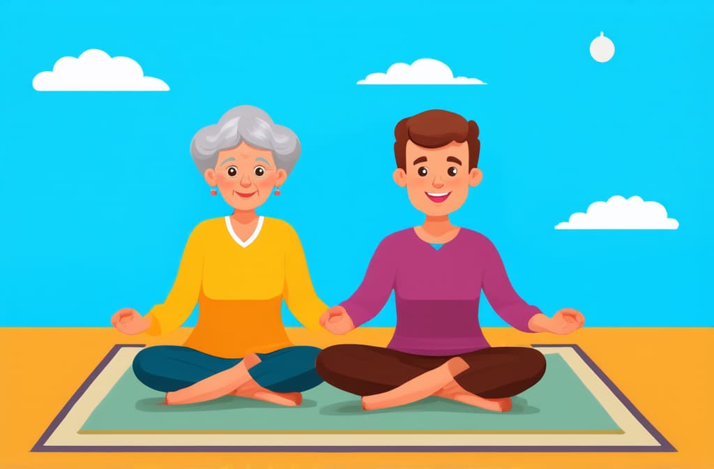  cute old lady and man sitting on the rug and meditating. style flat illustration ar 3:2 {prompt}, maximum details