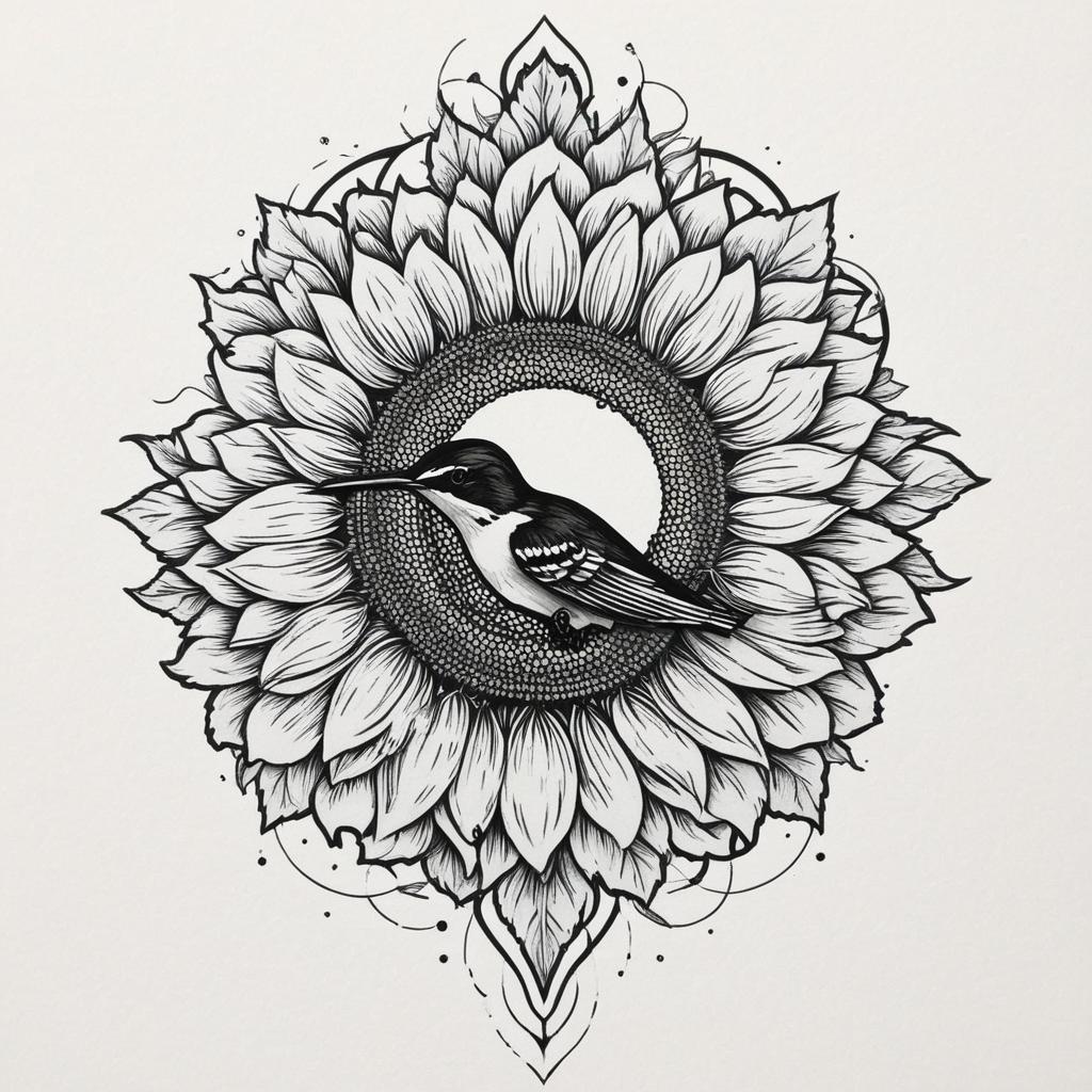  hummingbird, sunflower,(tattoo), tattoo design