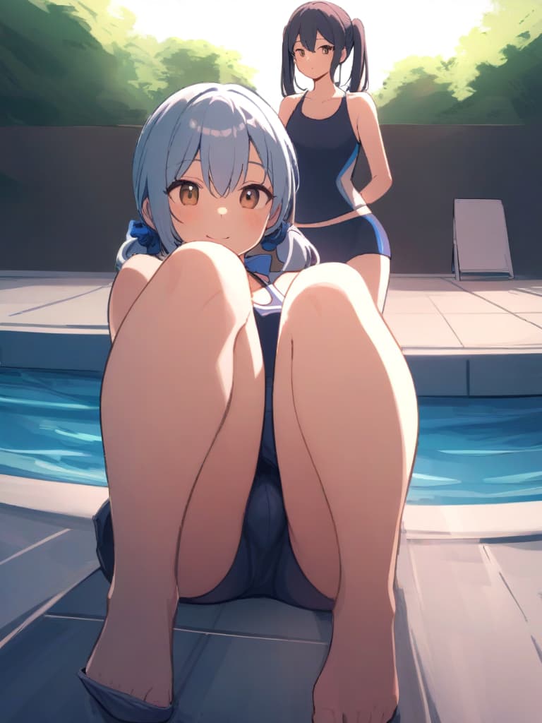  women's elementary students (male), twin tails, cute smiles, (rich s), short stature, dark blue swimwear, old swimwear, swimwear, simple, (upward), upward, (bulge), front, whole body, pool side ,,,