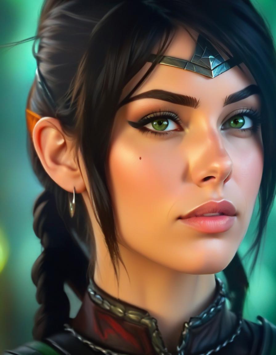  hdr photo of create a highly detailed portrait of a young female warrior with striking features, slender, angular face with high cheekbones and a sharp jawline, skin is fair and smooth, with a few faint scars on her left cheek, eyes are almond shaped and a deep, piercing green, giving her an intense, focused expression, gaze is serious, almost stern, reflecting her determination and inner strength, eyebrows are dark and well defined, arching slightly to add to her determined look, hair is dark brown, almost black, and is cut short, framing her face in a slightly tousled style, a small section of her hair is tied back with a thin, silver circlet adorned with a dark gemstone in the center, resting on her forehead, ears are slightly pointed, s