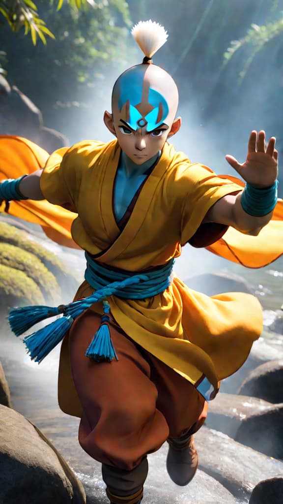  anime art: aang from avatar: the last airbender embraces his destiny to restore peace. hyperrealistic, full body, detailed clothing, highly detailed, cinematic lighting, stunningly beautiful, intricate, sharp focus, f/1. 8, 85mm, (centered image composition), (professionally color graded), ((bright soft diffused light)), volumetric fog, trending on instagram, trending on tumblr, HDR 4K, 8K