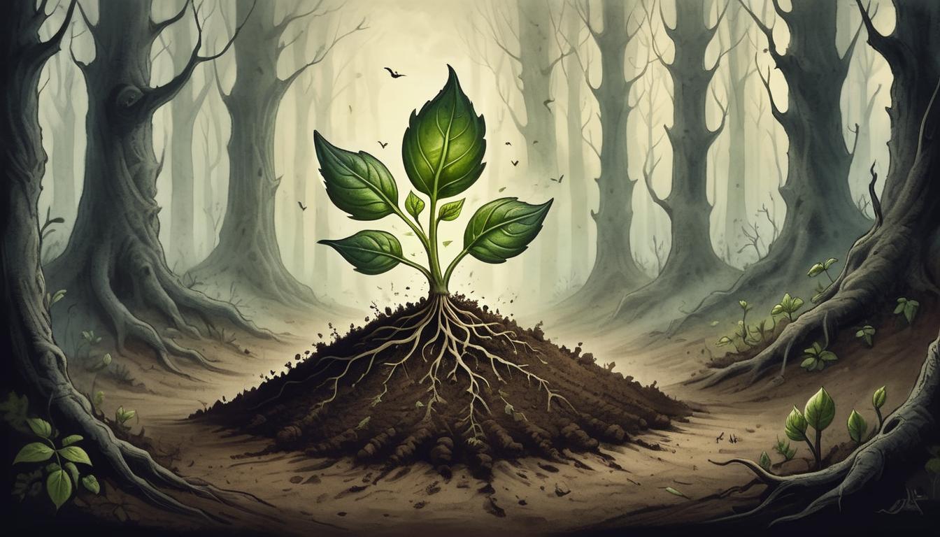  on parchment, surrealism+++, a small sprout breaking through the soil in a dark forest, symbolizing transformation out of sight, new growth, hidden, emergence(mysterious, provocative, symbolic,muted color)+++