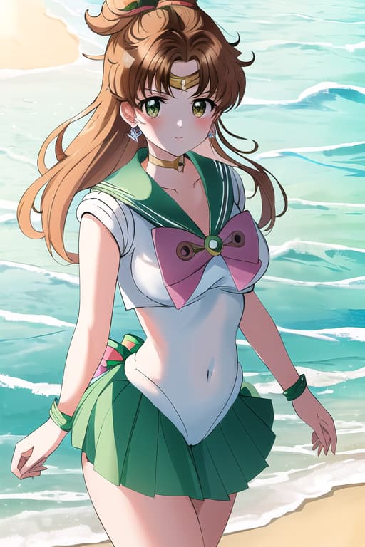  (sailor jupiter:1.3), (masterpiece), (highest quality), (intricate), (high detail),girl at beach, an extremely detailed illustration of a cute beautiful women on the sea beach, detailed water, masterpiece, best quality, high quality, solo