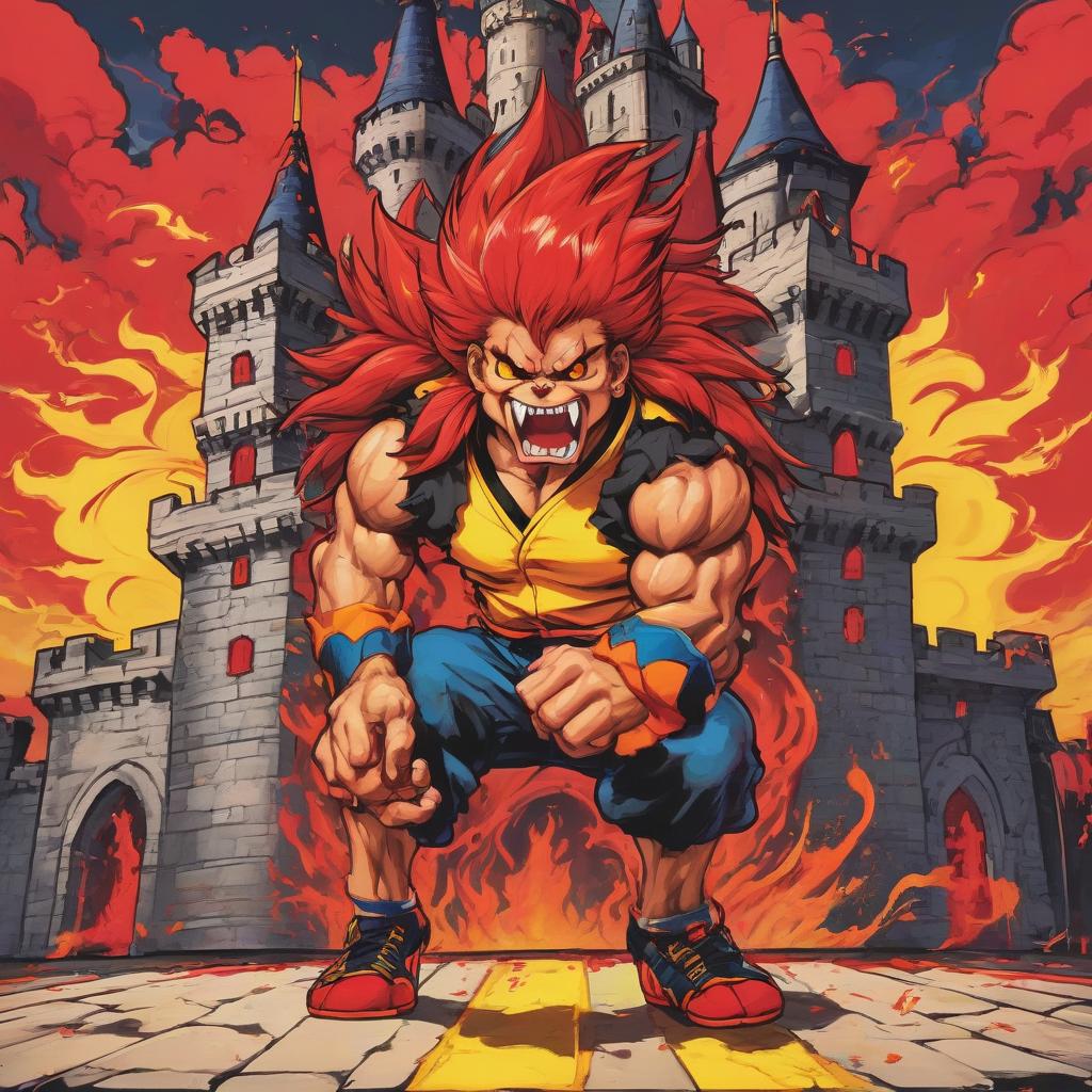  street fighter style book with large teeth and red yellow eyes on the background of the castle . vibrant, dynamic, arcade, 2d fighting game, highly detailed, reminiscent of street fighter series