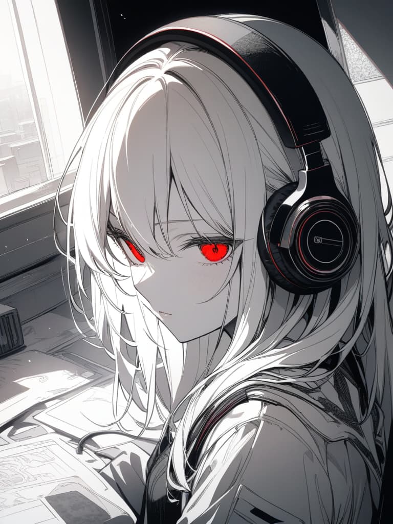  wearing headphones, long hair, cool, cool, female, monochrome, eyes red, masterpiece, best quality,8k,ultra detailed,high resolution,an extremely delicate and beautiful,hyper detail