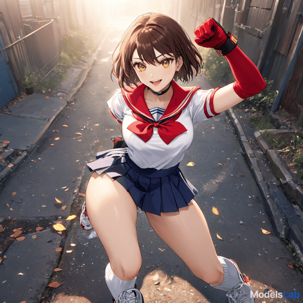   (masterpiece:1.5), (ultra quality:1.5), (ultra detailed:1.3), (1girl:1.4), ((kasugano sakura)), (street fighter), dynamic pose, (flying kick:1.3), (kicking:1.3), brown hair, (short hair:1.3), (brown eyes:1.2), white headband, (red gloves:1.4), fingerless gloves, clenched fist, (pleated :1.3), short sleeves, (white shirt:1.2), (sailor collar:1.3), uniform, ed,anal,,, (serafuku:1.2), sneakers, ( :1.3), (:1.2), ((v shaped eyebrows:1.2)), ( visible through :1.3), simple background, looking at viewer, smile, (buruma), (blue sailor collar), (yellow neckerchief), (kneepits), (neckerchief), (gloves), (shoes), (teeth:1.2), ((dynamic pose)), (vint colors:1.3), (soft light), (anime:1.2), fine detai hyperrealistic, full body, detailed clothing, highly detailed, cinematic lighting, stunningly beautiful, intricate, sharp focus, f/1. 8, 85mm, (centered image composition), (professionally color graded), ((bright soft diffused light)), volumetric fog, trending on instagram, trending on tumblr, HDR 4K, 8K