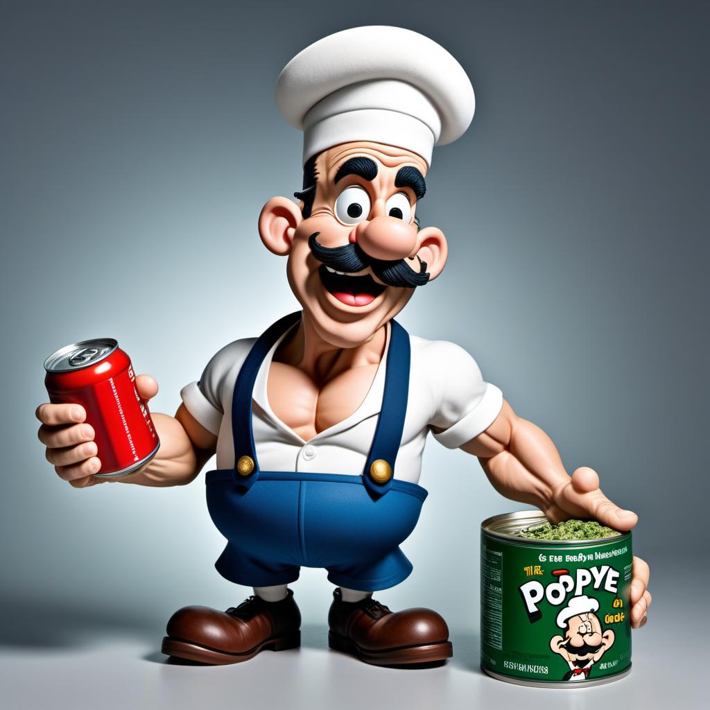  A funny cartoon image of Popeye the Sailor Man in a humorous scenario. Perhaps he's trying to open a can of spinach with an exaggerated struggle, or caught in a funny, clumsy moment. The overall style should be light-hearted and entertaining. hyperrealistic, full body, detailed clothing, highly detailed, cinematic lighting, stunningly beautiful, intricate, sharp focus, f/1. 8, 85mm, (centered image composition), (professionally color graded), ((bright soft diffused light)), volumetric fog, trending on instagram, trending on tumblr, HDR 4K, 8K