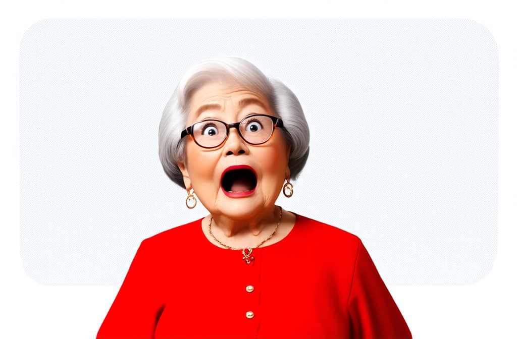  shocked surprised asian senior woman isolated on white background, funny cartoon illustration ar 3:2 {prompt}, maximum details