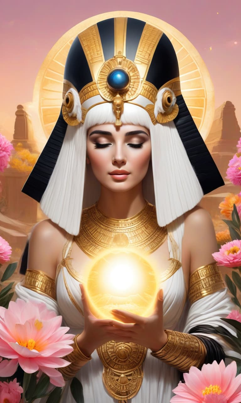  concept art black, white, gold, pink cleopatra holds the sun in her hands, many flowers near sphinx . digital artwork, illustrative, painterly, matte painting, highly detailed, perfect hands