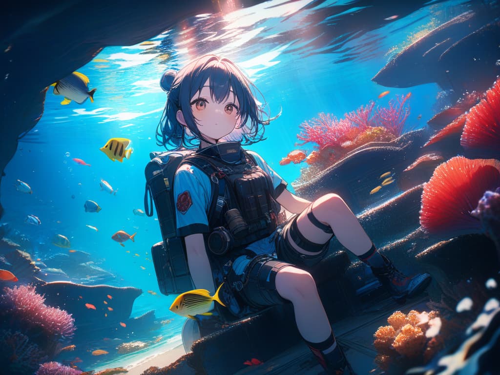  cute, cute, blue haired shortcut girls, scuba, tropical fish, corals, under sea, fun, fun, look up from the sea, masterpiece, best quality,8k,ultra detailed,high resolution,an extremely delicate and beautiful,hyper detail