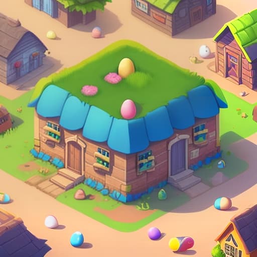  isometric, game, town, old farmer, spring, easter, event, colored eggs, decoration on buildings, five houses