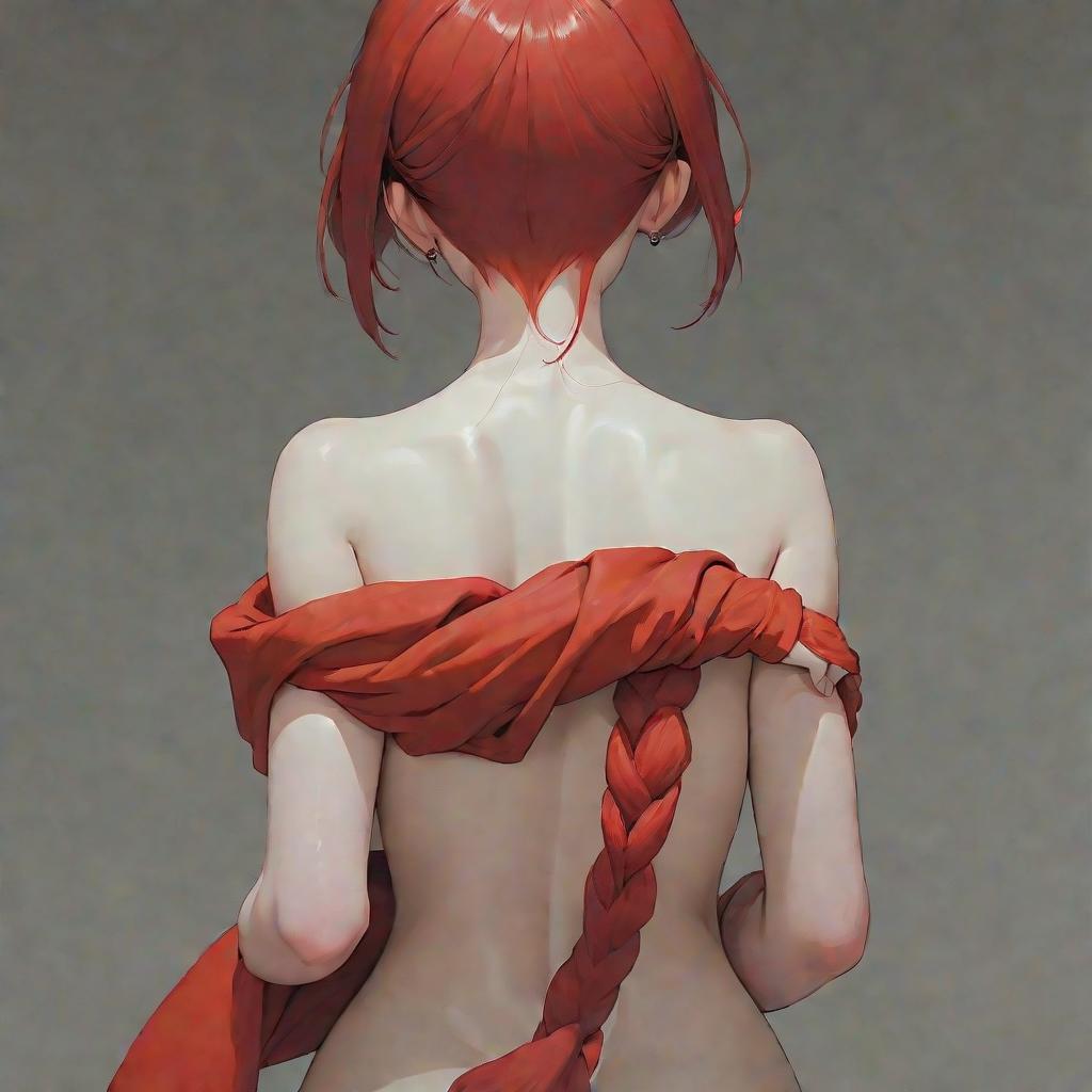   with red hair on her shoulders with gles. stands with her back. looks at me sideways. we hold hands. hands in the frame