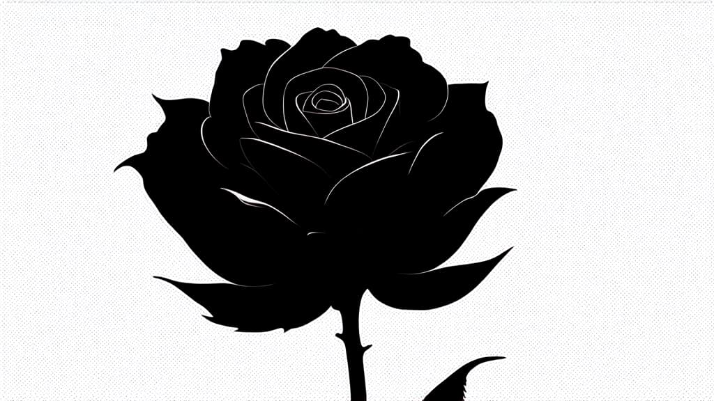  flat illustration, flaticon, (illustration:1.15), black rose on white background ar 16:9, [cory loftis, strobist, pascal campion :: 0.2]