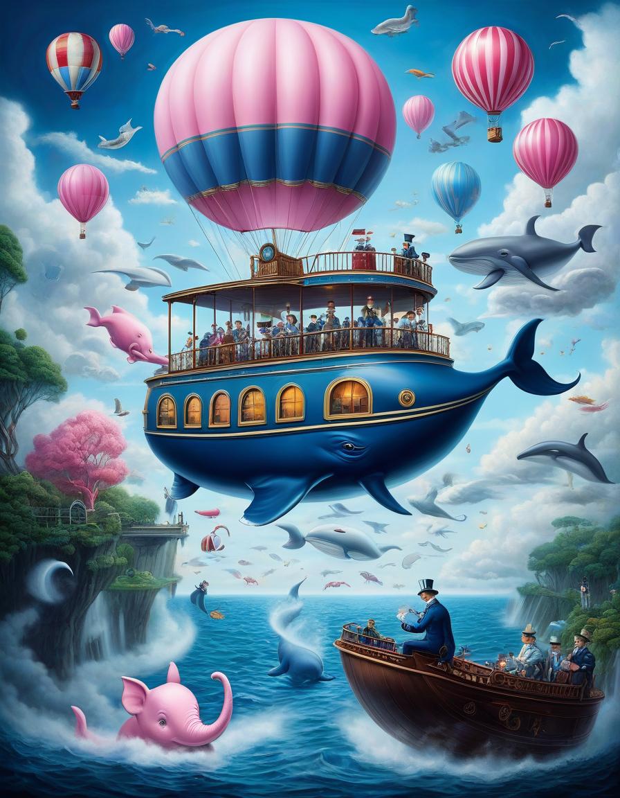  nautical themed paint a painting in which various animals and objects come together in surreal harmony, creating a bizarre world of imagination. a train travels over a bridge in the clouds releasing clouds of steam, ((one pink elephant)) and a hot air balloon flies in the clouds, ((one blue whale jumping out of the sea)). the scene is hyperrealistic and super detailed: a man sits on a pier and drinks coffee. the overall scene looks dreamy, like a dream and an ethereal atmosphere. this work of art conveys the essence of adventure and wonder through its dreamlike composition. digital art, detailed drawing in the style of artificial intelligence technologies. everything is very harmoniously combined, no ugliness . sea, ocean, ships, maritime, 