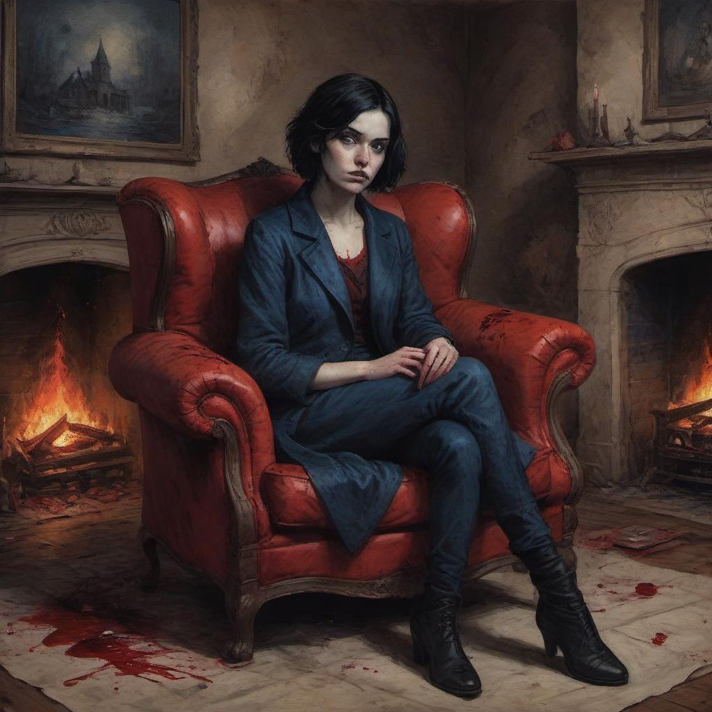  horror themed a girl with short wavy black hair, blue eyes full of pain, despair, loneliness, sitting by the fireplace in a red armchair, portrait, blood,black coat, black trousers, hands covered in blood, murderers, trap . eerie, unsettling, dark, spooky, suspenseful, grim, highly detailed, on parchment