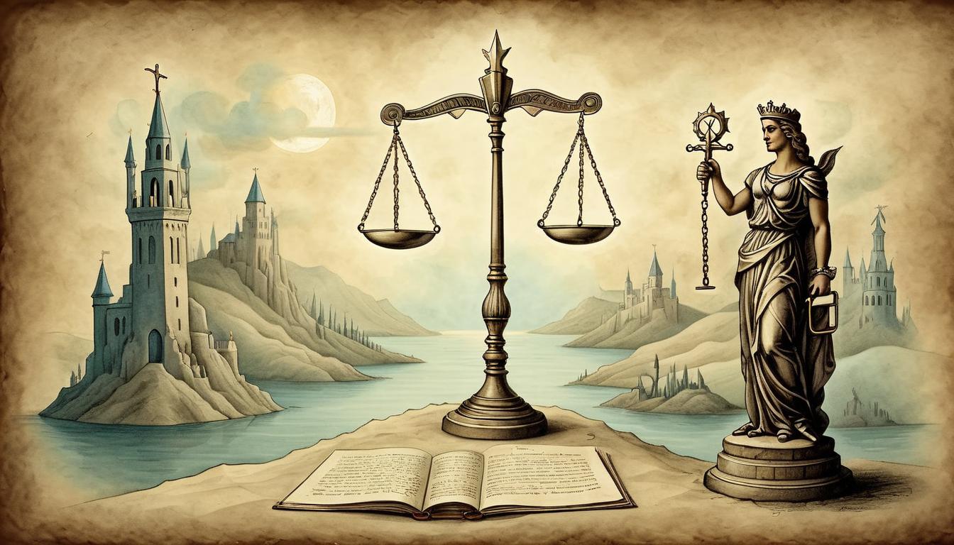  on parchment, surrealism+++, scales of justice, glowing with divine light, balanced, powerful, inevitable, universal truth(mysterious, provocative, symbolic,muted color)+++