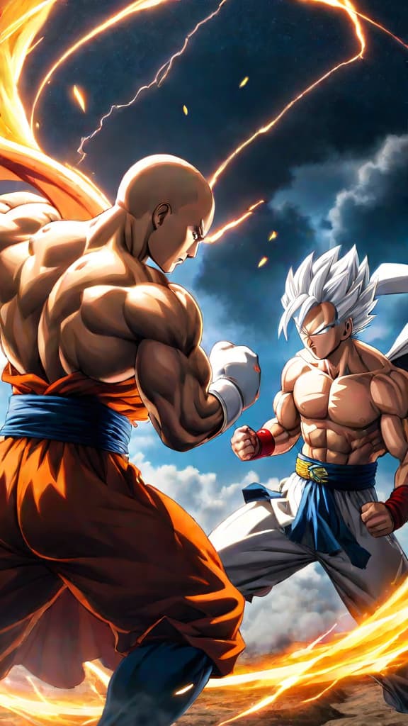  anime art: saitama's legendary punch facing off against goku in an ultimate clash of strength. hyperrealistic, full body, detailed clothing, highly detailed, cinematic lighting, stunningly beautiful, intricate, sharp focus, f/1. 8, 85mm, (centered image composition), (professionally color graded), ((bright soft diffused light)), volumetric fog, trending on instagram, trending on tumblr, HDR 4K, 8K