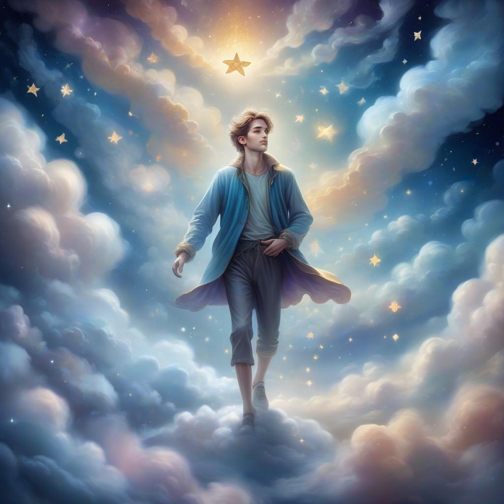  a fantastic dream, a masterpiece of digital painting, a guy walks on soft fluffy clouds and scatters stars as if he is sowing them to the sides, the guy himself has a ghostly glow, a picture of a dream, bright fairy tale colors, a fairy tale in reality, action, dinamic