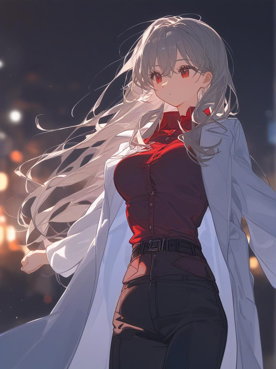  manga art style, a strong woman, silver long hair, covering her face. she has deep, beautiful red eyes that are very prominent, white eyelashes that are very prominent in the eyes. she wears dark dress pants. a red shirt with buttons on the front seam, two thin belts under the bust. a light gray lab coat on the shoulders. a very strong and slender body, his strong abdomen shows in the red shirt. the background is a futuristic area where people practice combat in the background. she has a cup of coffee in her hands. well highlighted eyes with white eyelashes details, 8k. . best quality, high resolution