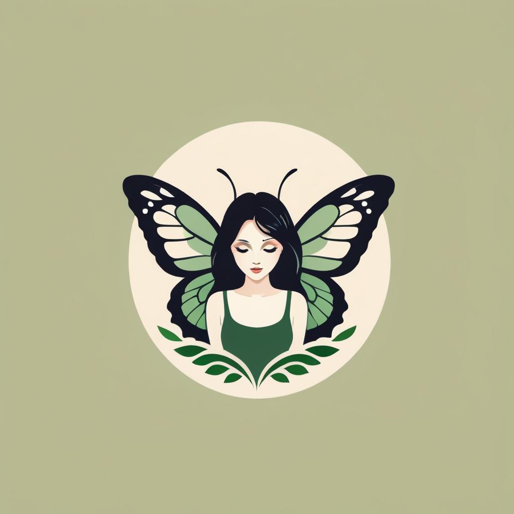  1 full body girl with makeup as the body of a butterfly, (logo), organic, earthy, green, natural elements, leaves, trees, eco friendly, soft colors, hand drawn, fresh