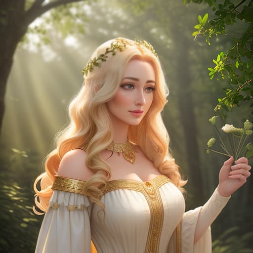  golden wave hair, soft smile, happy eyes, green eyes, light skin, scrubbed springs on the cheeks, white tin dress in roman style with gold octums, fielded from four leaf clovers, woods, sunshine, through tree branches, lights and lights hyperrealistic, full body, detailed clothing, highly detailed, cinematic lighting, stunningly beautiful, intricate, sharp focus, f/1. 8, 85mm, (centered image composition), (professionally color graded), ((bright soft diffused light)), volumetric fog, trending on instagram, trending on tumblr, HDR 4K, 8K