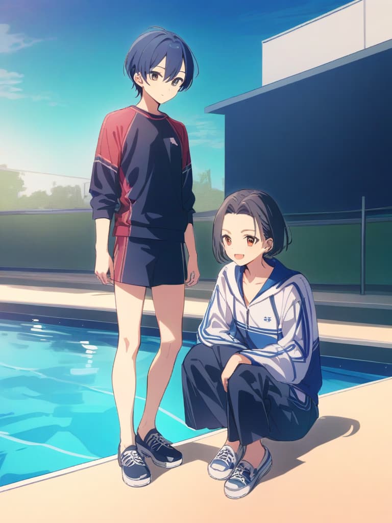  s junior high , (male ), sukui men, old swimwear (dark blue old ), male, , front, cute smile ( face), bob cut, whole body, pool,