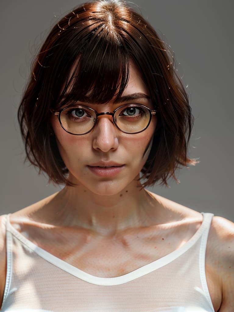  wearing glasses, thin eyes, 1 person, white background, brown hair, bangs, very short hair, masterpiece, best quality,8k,ultra detailed,high resolution,an extremely delicate and beautiful,hyper detail hyperrealistic, full body, detailed clothing, highly detailed, cinematic lighting, stunningly beautiful, intricate, sharp focus, f/1. 8, 85mm, (centered image composition), (professionally color graded), ((bright soft diffused light)), volumetric fog, trending on instagram, trending on tumblr, HDR 4K, 8K