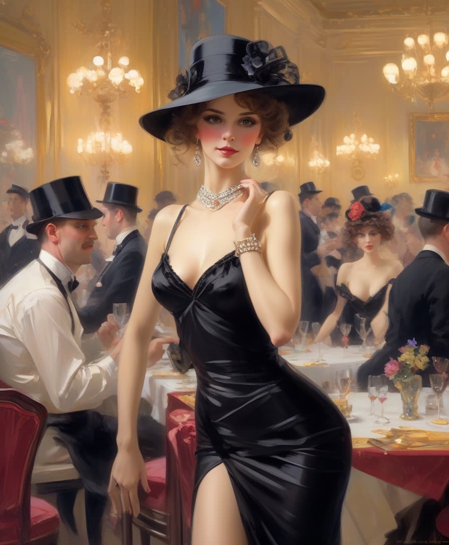  an elegant woman in a black dress and hat at a posh gathering. charming cabaret dancer, black outfit art by konstantin razumov,shabby chic,,fine art,klimt and mucha, art by serge marshennikov keep face the same, just increase image size