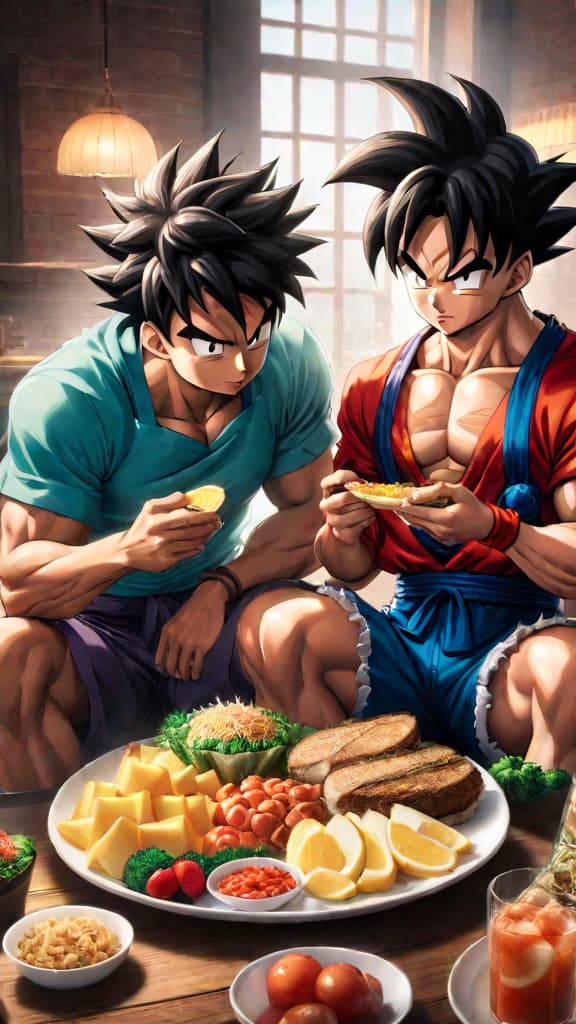  anime art depicting characters like goku and luffy enjoying exaggerated eating scenes to add humor in intense storylines. hyperrealistic, full body, detailed clothing, highly detailed, cinematic lighting, stunningly beautiful, intricate, sharp focus, f/1. 8, 85mm, (centered image composition), (professionally color graded), ((bright soft diffused light)), volumetric fog, trending on instagram, trending on tumblr, HDR 4K, 8K