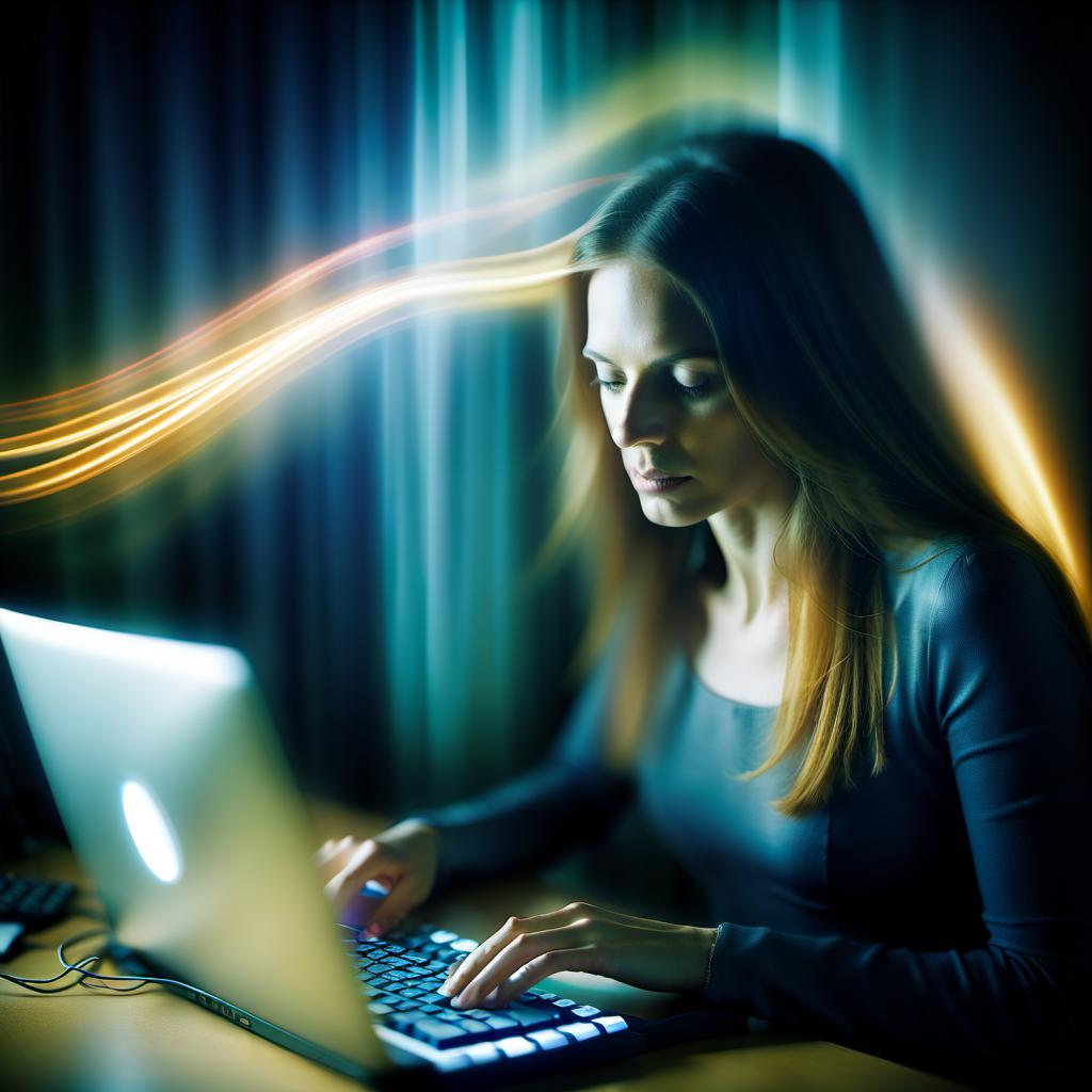  long exposure photo of woman at the computer, typing on the keyboard . blurred motion, streaks of light, surreal, dreamy, ghosting effect, highly detailed