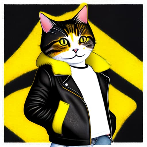 estilovintedois A cat wearing a leather jacket and a black jacket with a yellow tail