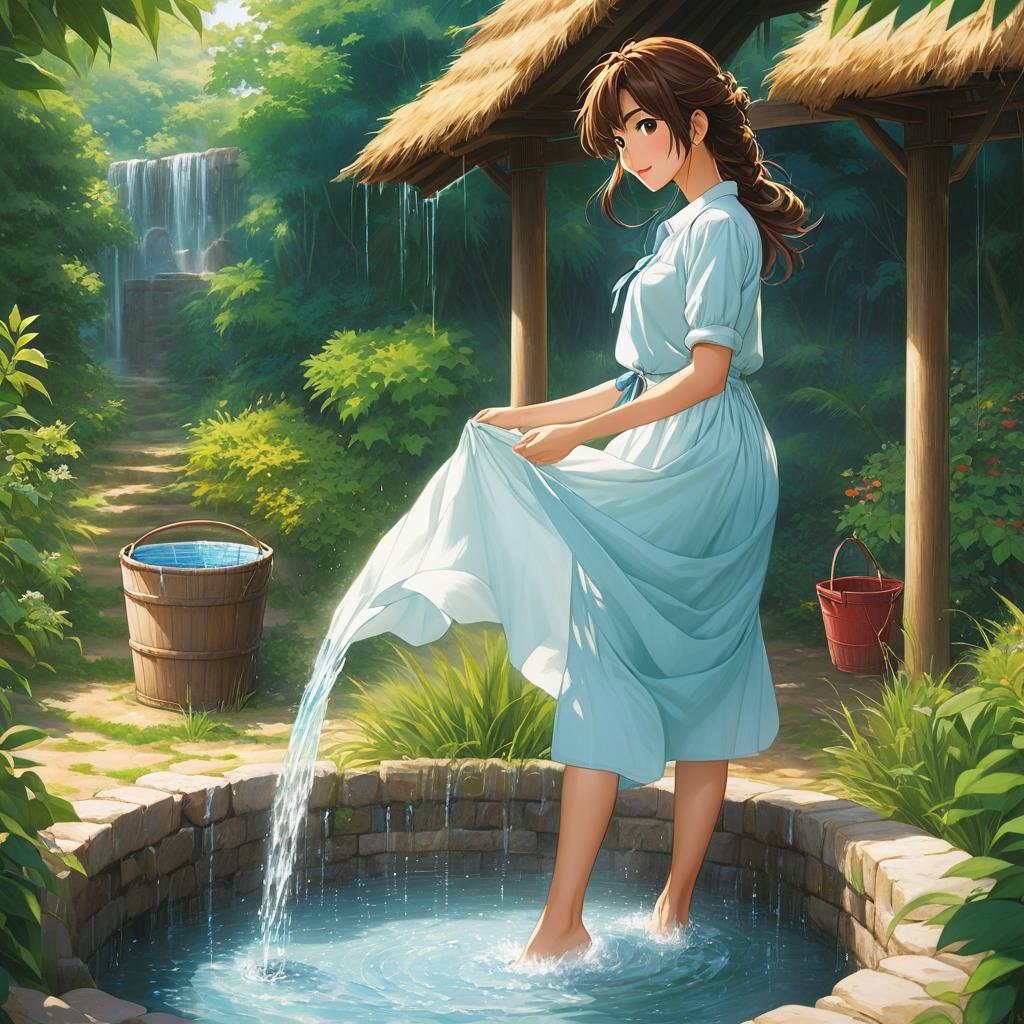  scene 1: the scene depicts a serene public well surrounded by lush greenery. beside the well, is a beautiful woman focused on washing clothes. her clothing consists of white flowing dress. a young man leaving showing his back holding with each hand 2 pails full with water. his clothing consists of a light blue shirt and brown pants., anime artwork, anime style, key visual, vibrant, studio anime, highly detailed