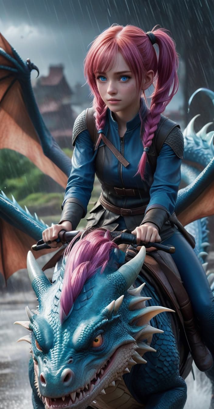  realistic photos of cinematic quality. absolutely 2, big s, sharp s, pink hair, blue eyes, two pigtails, skin. riding a dragon. it is raining.