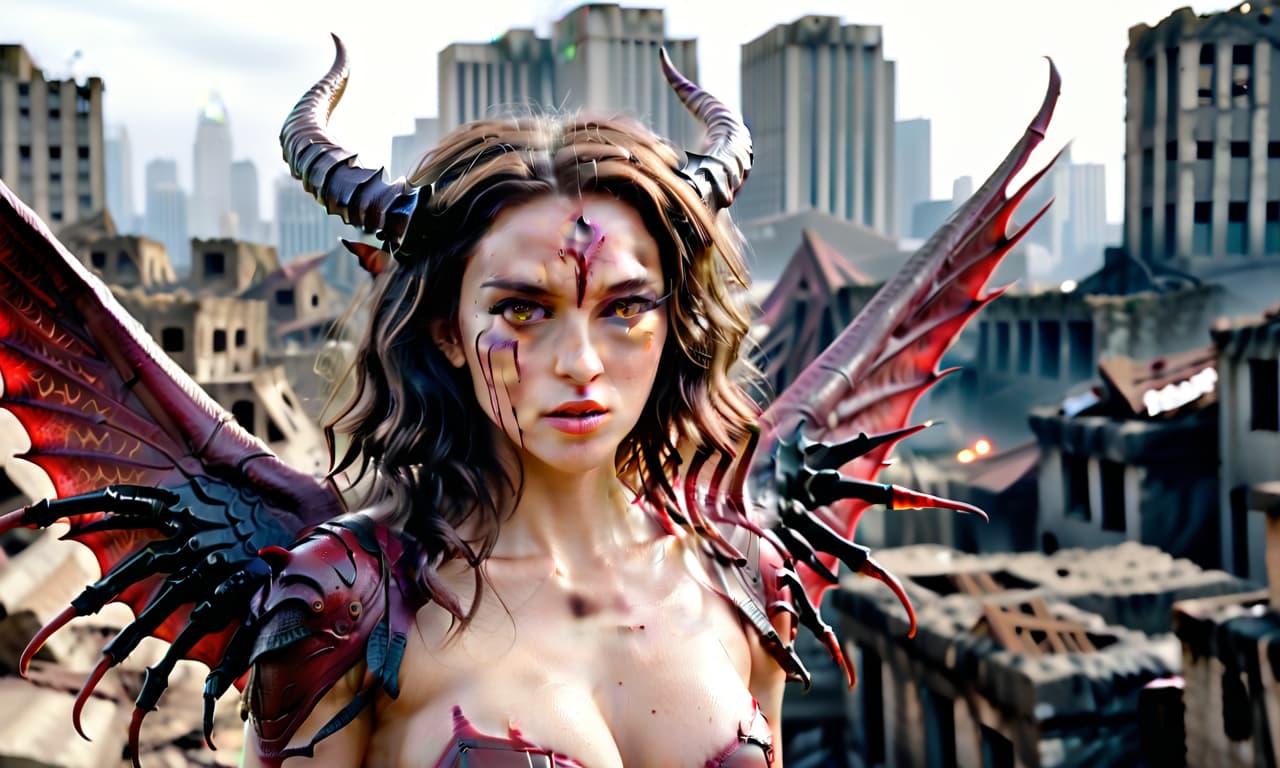  cinematic photo an demonic bitch succubus insectoid woman called kerrigan, the queen of blades, ana de armas, hairstyle like a medusa gorgona, in a grimdark world against the backdrop of a ruined city, with clawed wings sticking out from behind her back . 35mm photograph, film, bokeh, professional, 4k, highly detailed, hkmagic, glowneon, perfecteyes, film photography style, perfect hands