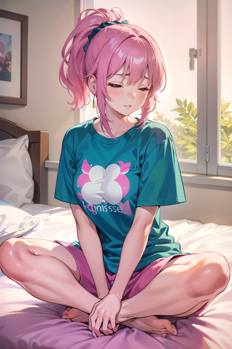  r 18, , middle , pink haired ,ponytail,large eyes,t shirts, pants, A woman, in a bold and uninhibited display of , sits on her bed, her legs parted in an M shape, Her expression is one of unapologetic ecstasy, eyes closed, mouth slightly open, a soft moan escaping her lips. Her right hand confidently explores her most areas, fingers moving boldly, while her left hand gently caresses and squeezes her full , thumb the sensitive .
