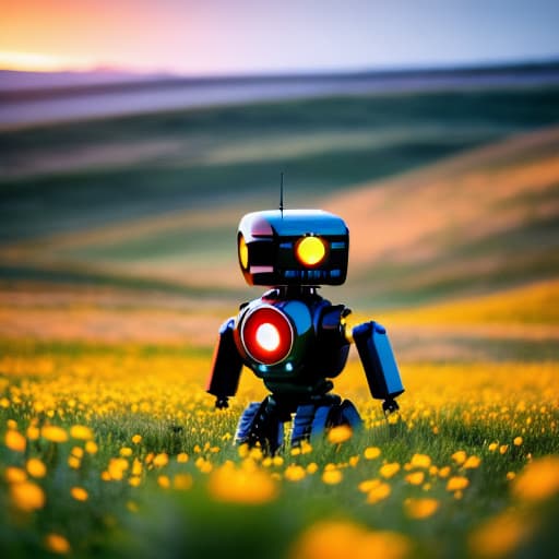  A solitary robot sitting in a field of wildflowers at sunset. Apply the Following Styles Synthesis, Anime hyperrealistic, full body, detailed clothing, highly detailed, cinematic lighting, stunningly beautiful, intricate, sharp focus, f/1. 8, 85mm, (centered image composition), (professionally color graded), ((bright soft diffused light)), volumetric fog, trending on instagram, trending on tumblr, HDR 4K, 8K