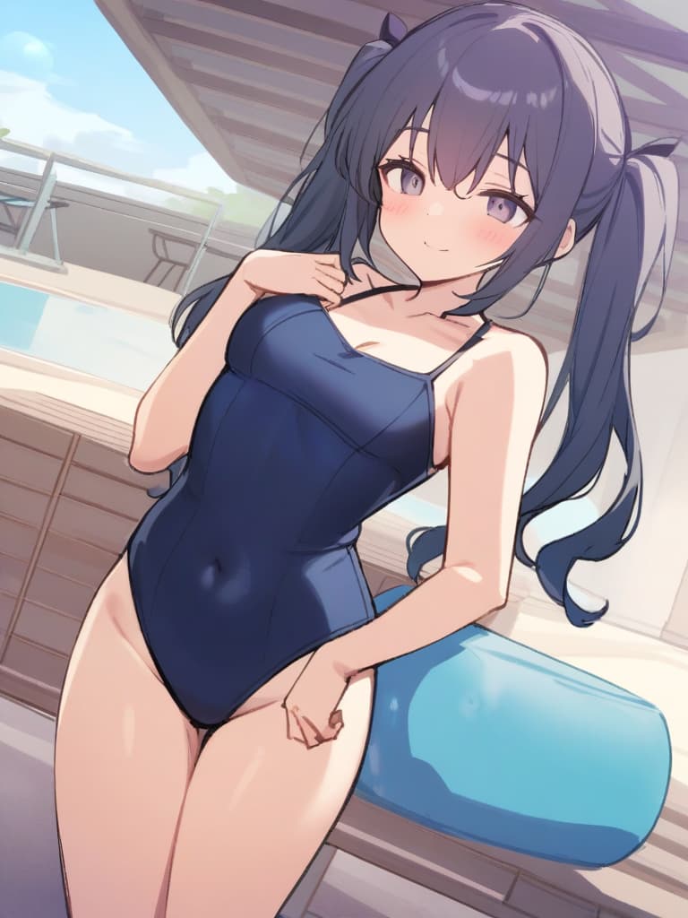  women's elementary students, twin tails, cute smiles, rich s, low stature, dark blue swimwear, old swimwear, swimwear, simple, male, shaped clear penalties, clear shaped philosophy, male (swelling), front, front, front, front the whole body, pool side,