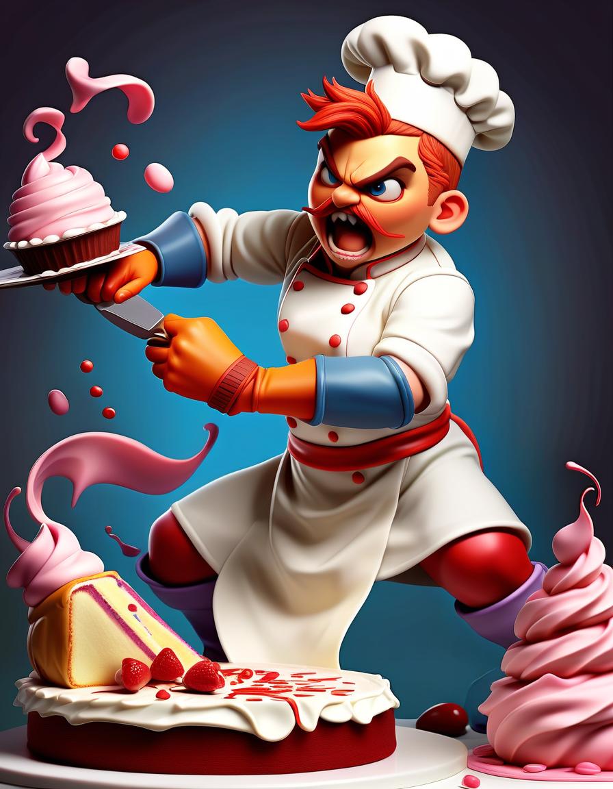  fighting game style a pastry chef, decorating a cake, carefully piping cream from a pastry bag. . dynamic, vibrant, action packed, detailed character design, reminiscent of fighting video games