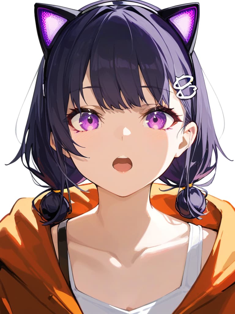  (black cat ear headphones: 1.2), masterpiece, open mouth, best quality, (purple eyes: 1.3), (close up: 1.2) ige hair: 1.4), ( orange oversized jacket), shoulder gaps, (white turtreneck: 1.1), (triangle hair pin: 1.3), 3 triangle hairpins